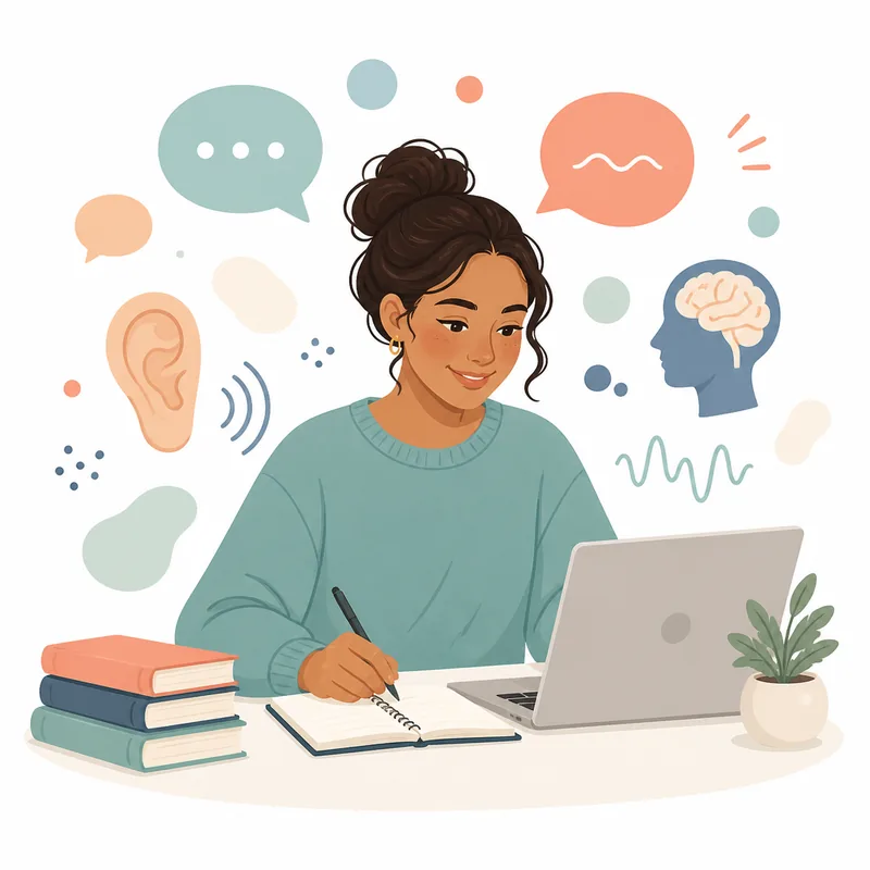 SLP student studying for the Praxis 5331 exam with speech, hearing, and brain icons